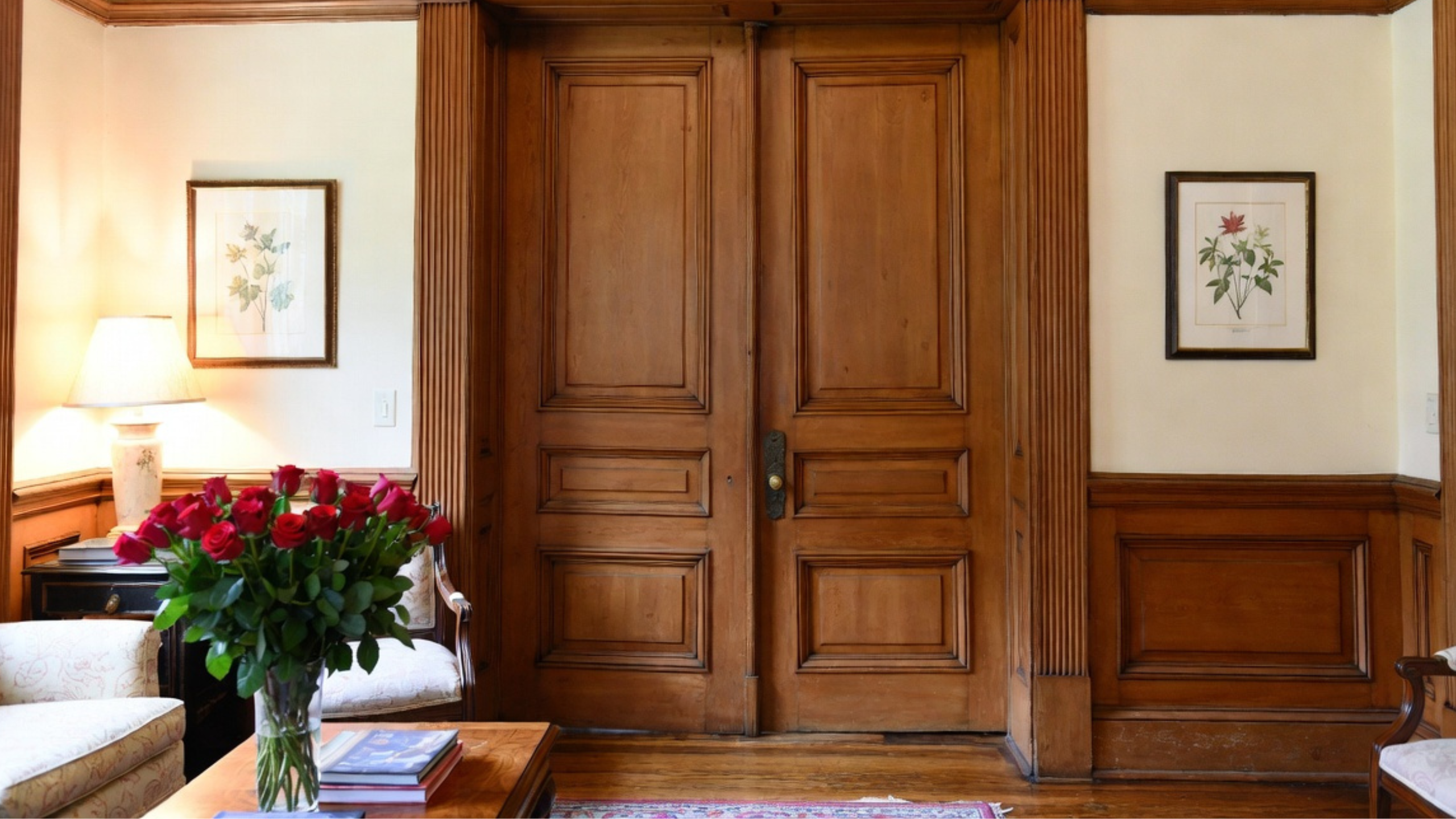Original stained wood double doors, paneled walls and carved trim inside a house built around 1900.