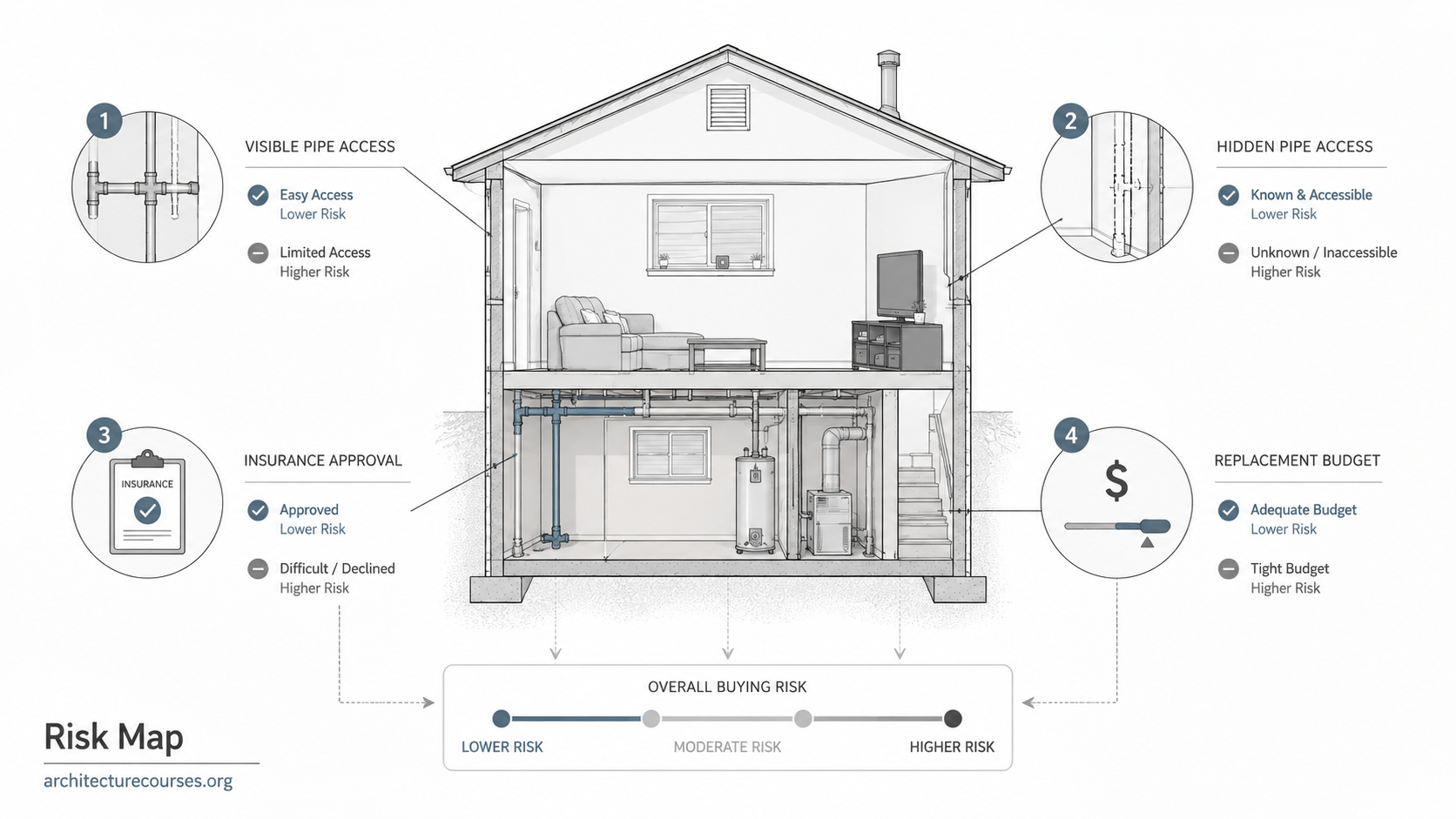 Diagram showing how access, insurance, leaks, and replacement cost affect polybutylene risk.