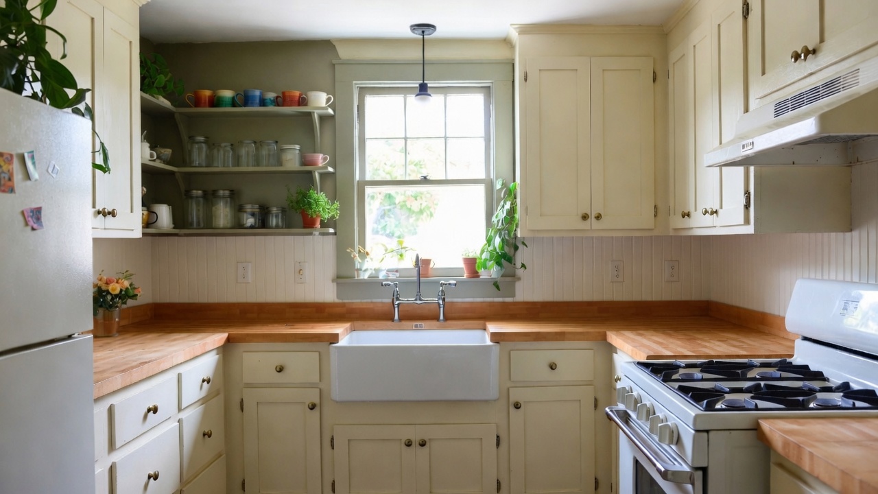 Modest renovated old-house kitchen with painted wood cabinets, butcher-block counters and a farmhouse sink beneath the window.