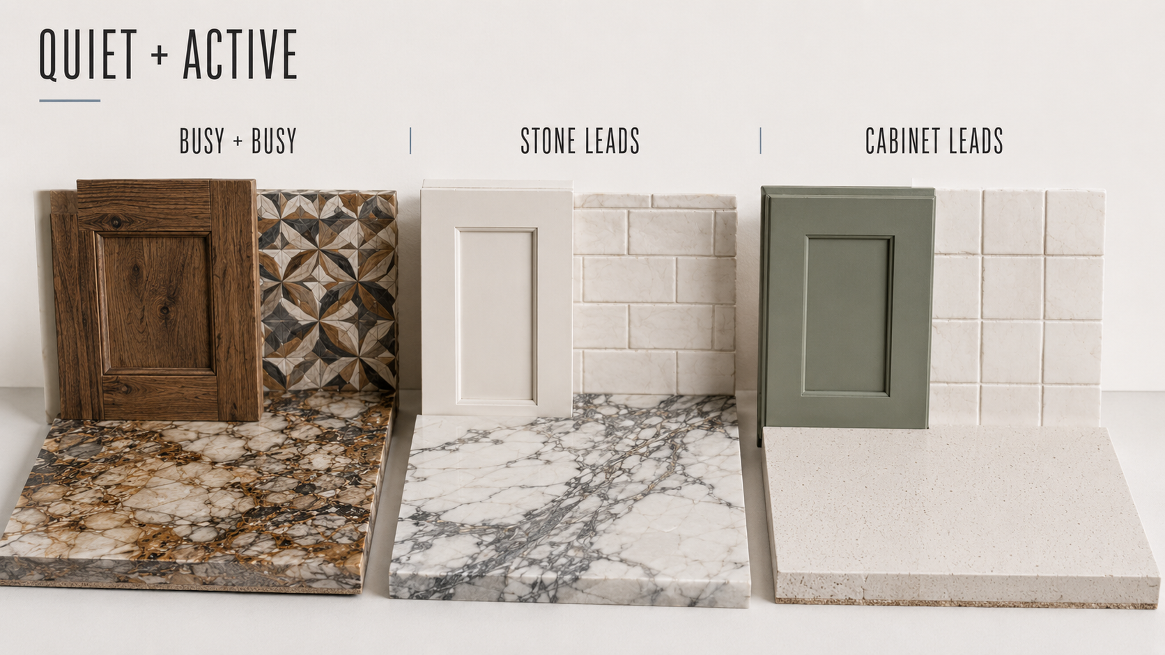 Three material combinations showing which kitchen surface should lead.