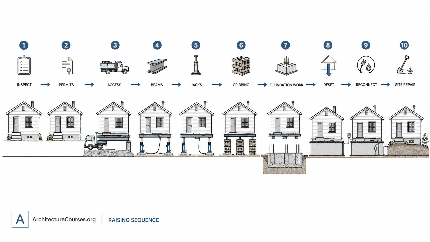Diagram showing house raising sequence from inspection to reset.
