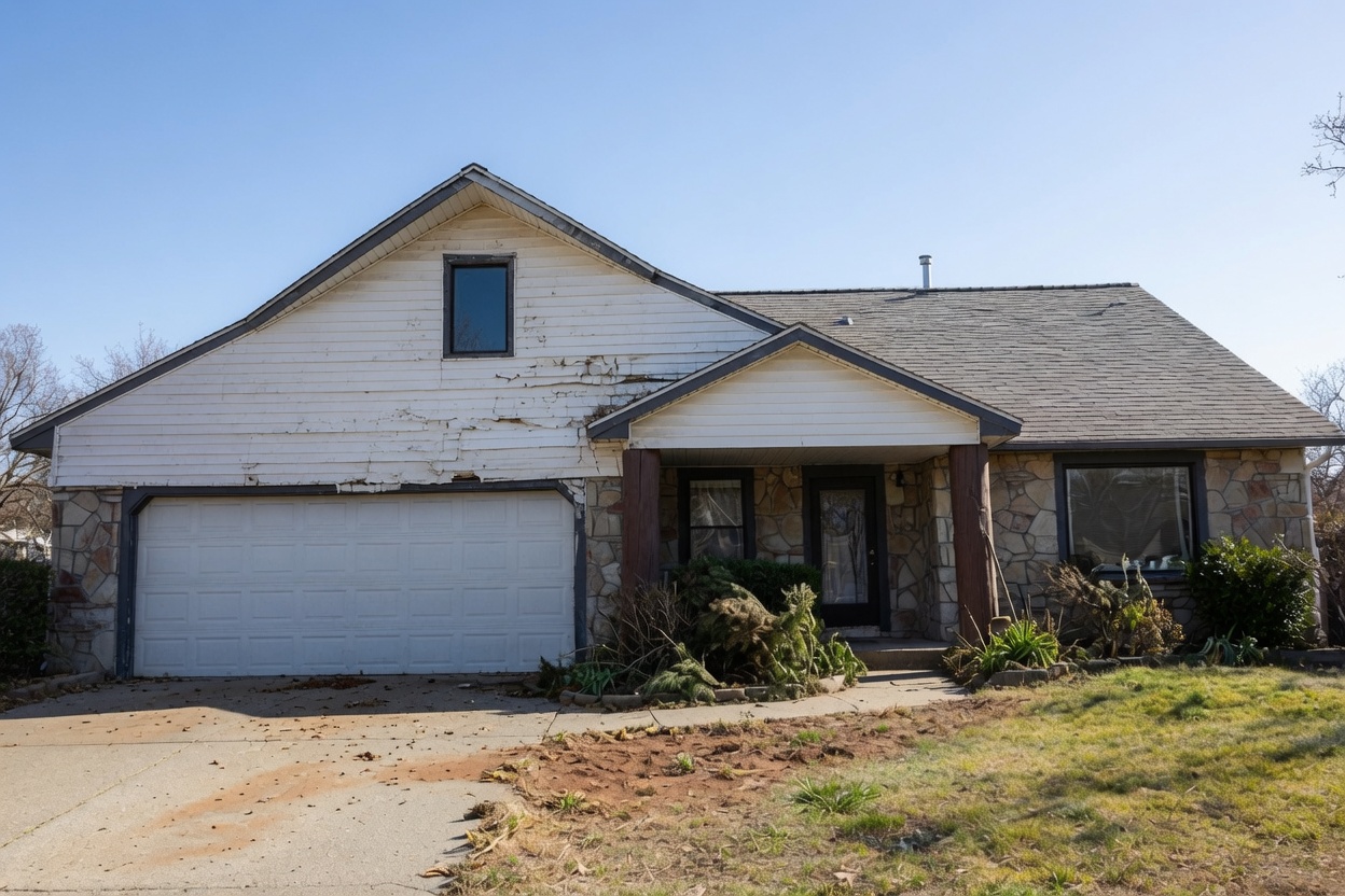 Ranch house with peeling siding, an awkward garage addition, and neglected landscaping.