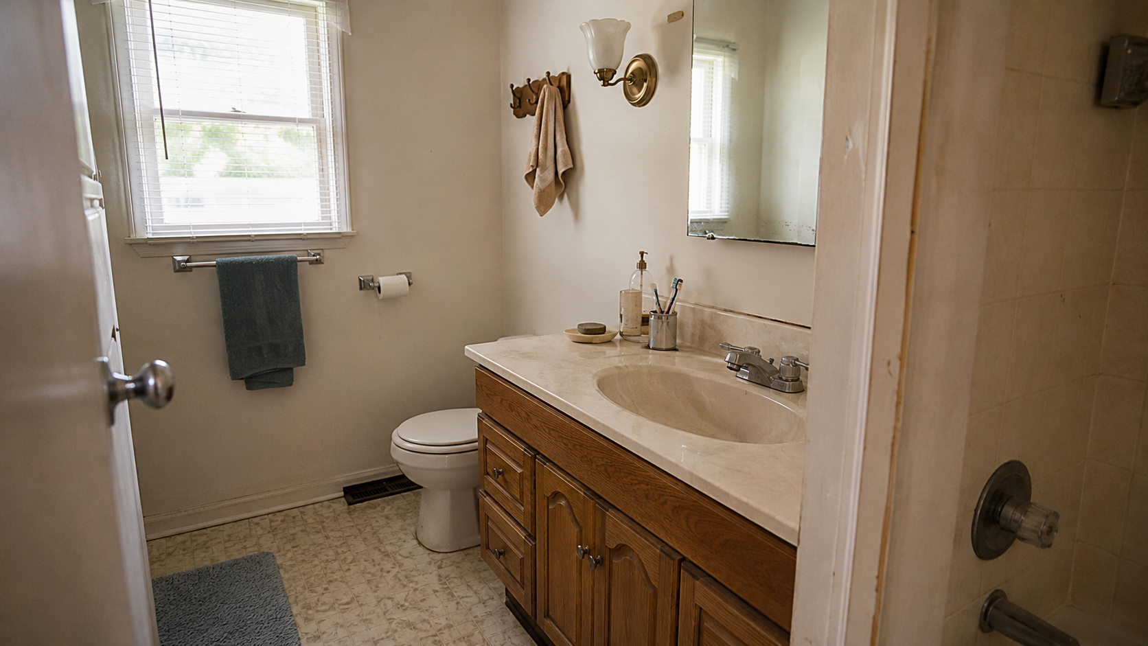1980s ranch hall bathroom with oak vanity, older flooring, dated light fixture, and worn finishes.