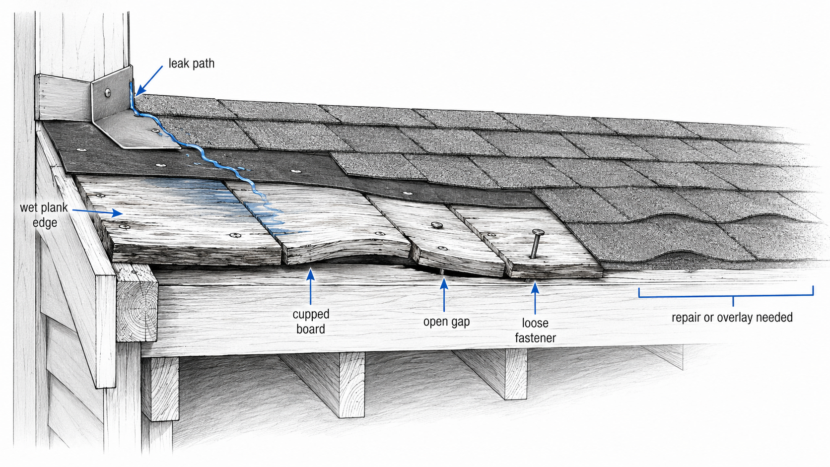 Diagram showing roof plank failure from leaks, cupping, gaps, and loose fasteners.