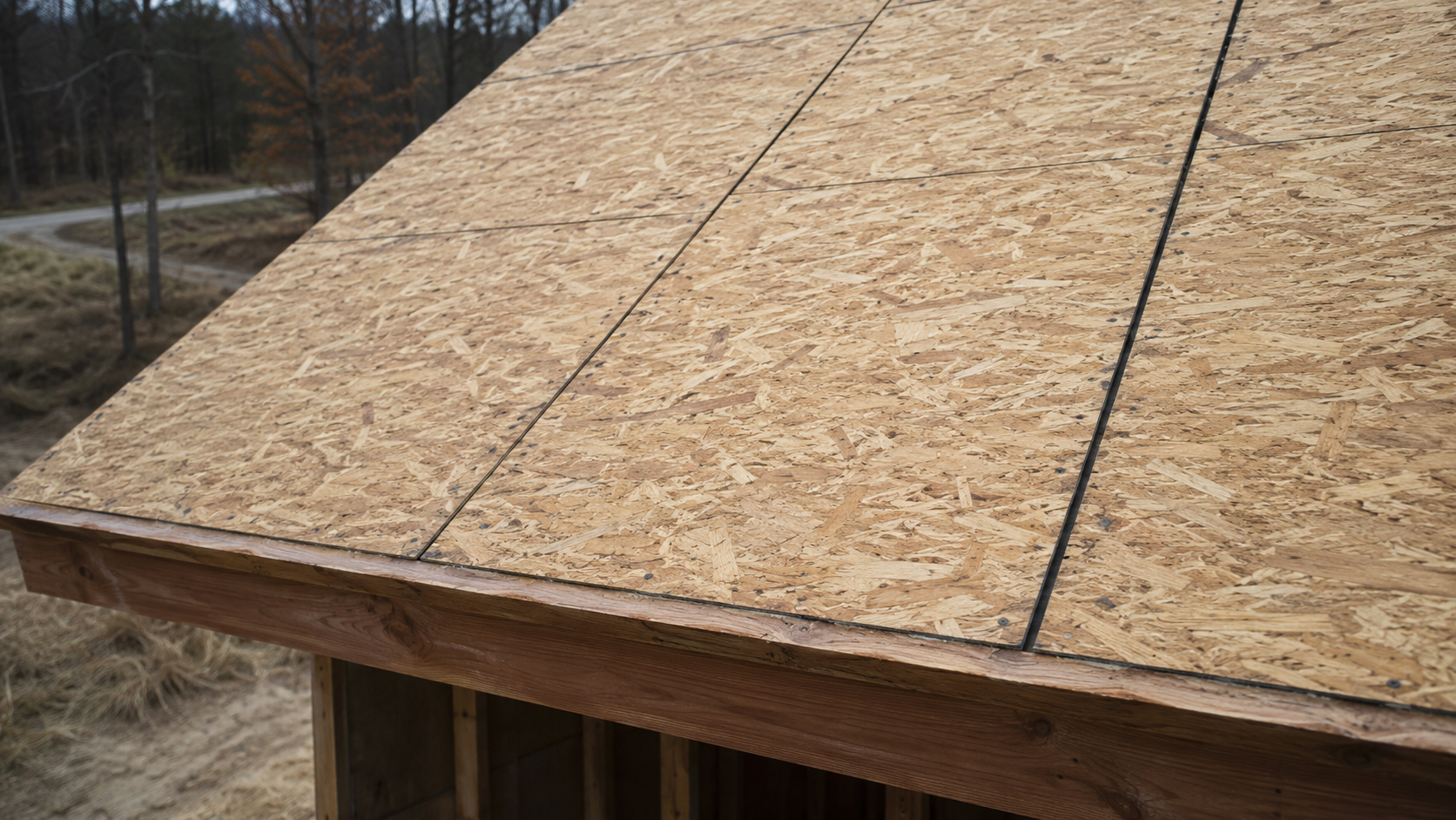 Close view of roof sheathing panel edges with small expansion gaps before underlayment.