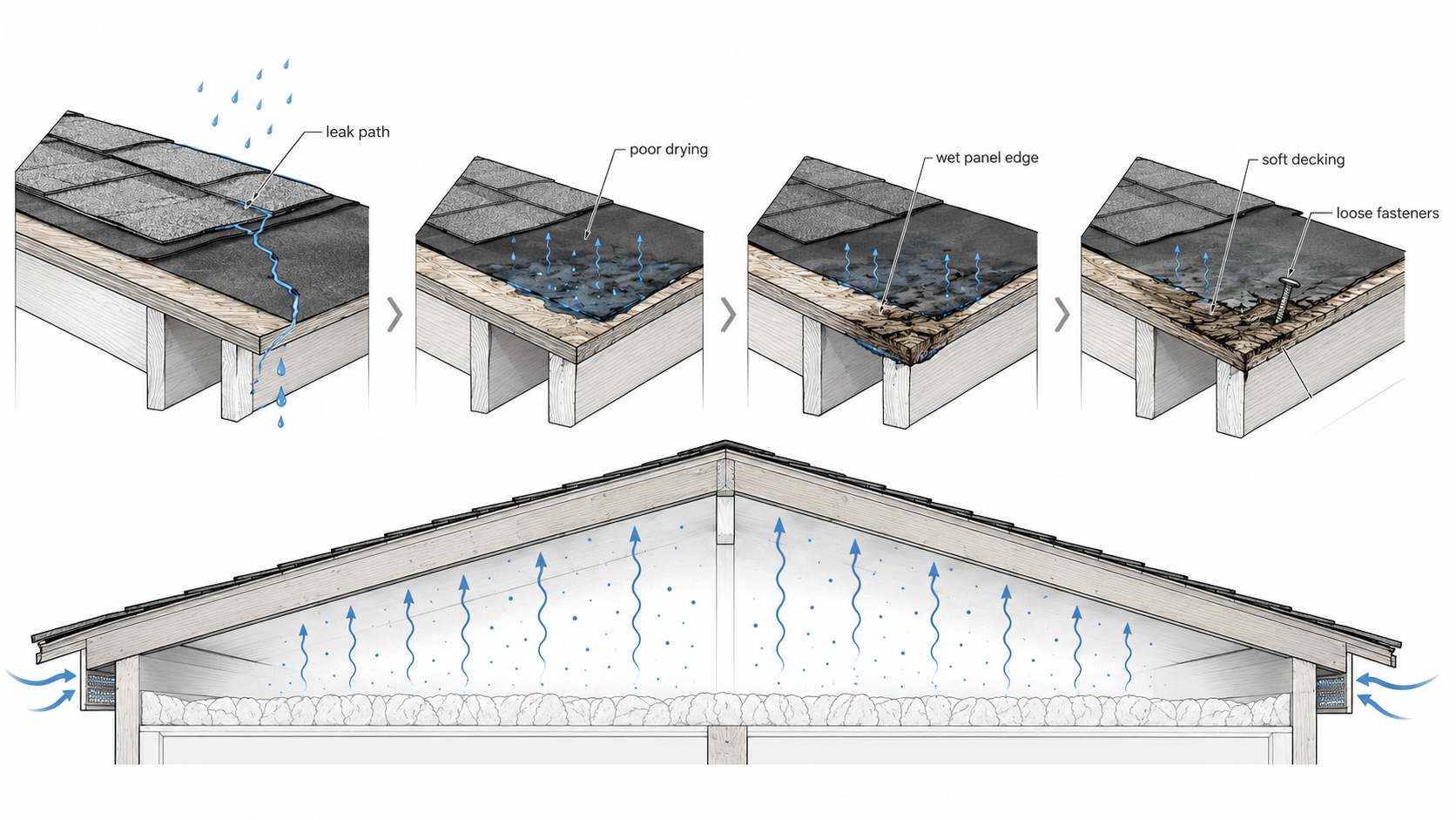 Diagram showing how roof leaks, trapped moisture, tight panel gaps, and poor ventilation damage roof sheathing.