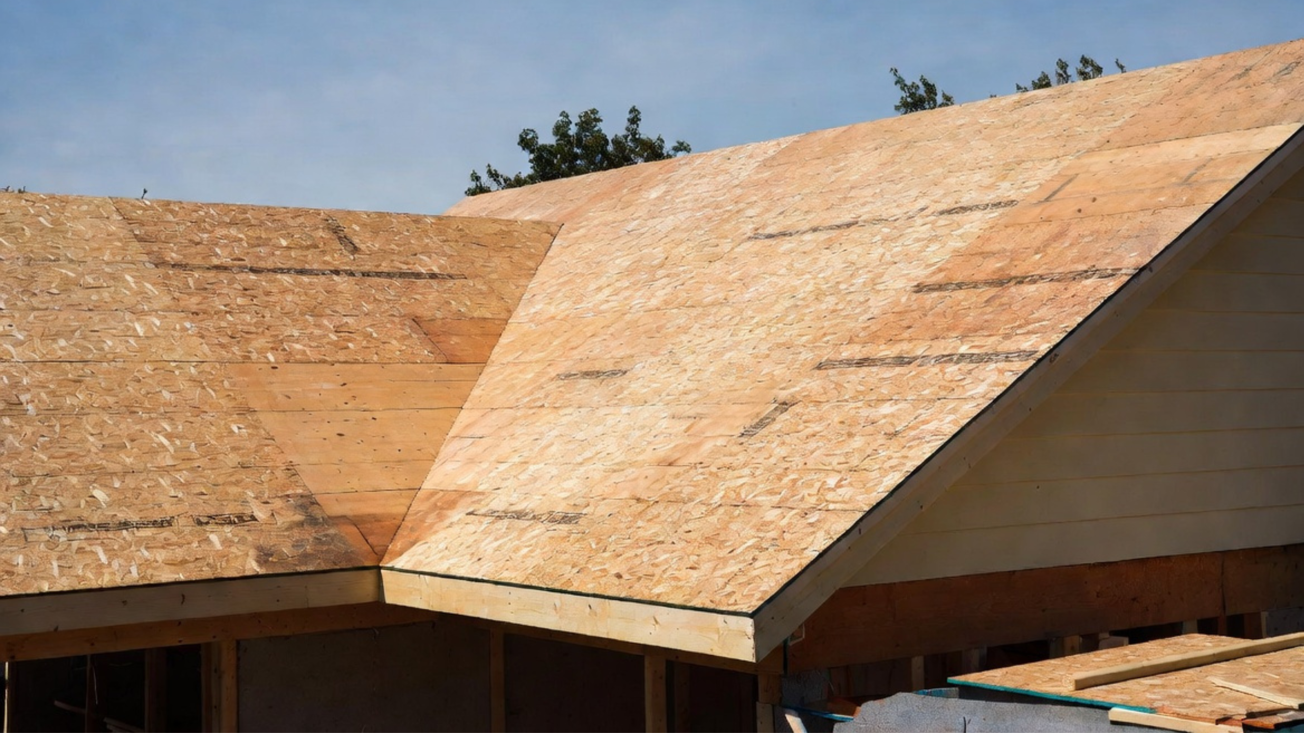 Roof sheathing panels meeting at a roof valley before underlayment.