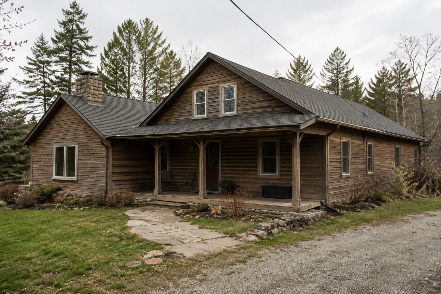Rustic wood house with porch, stone base, gravel drive, and simple rooflines.