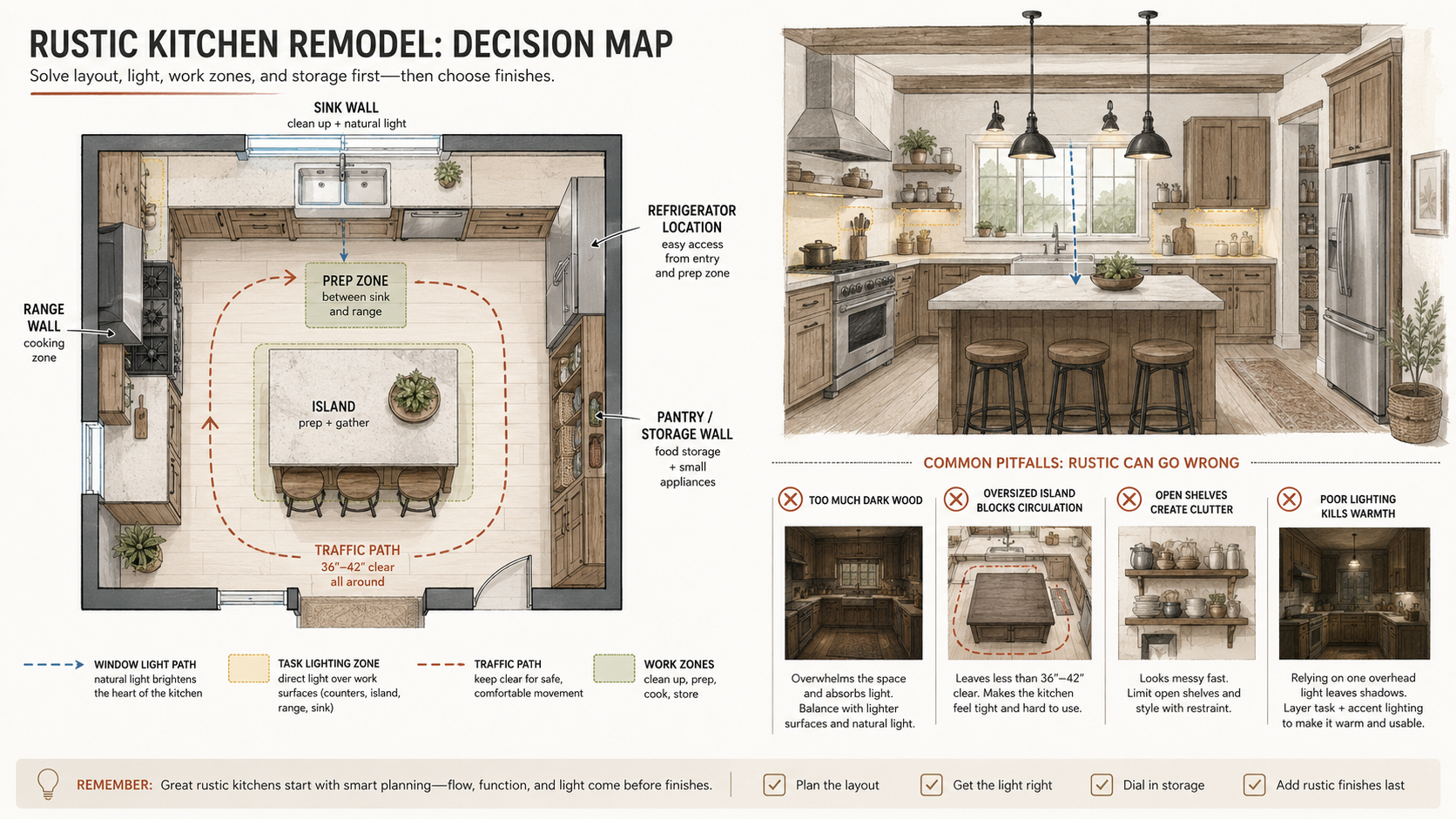 Diagram showing rustic kitchen layout with island, sink wall, storage, traffic path, and light path.
