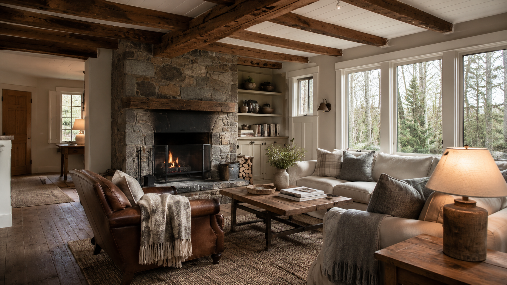 Rustic living room with stone fireplace, exposed wood beams, leather chair, soft sofa, and large windows.