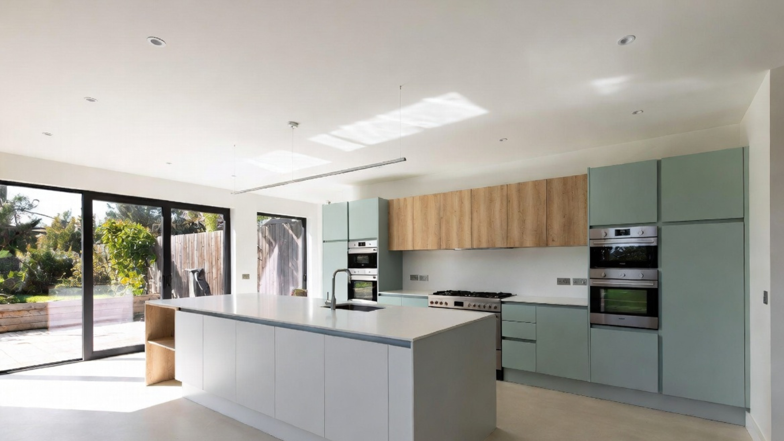 Modern kitchen with muted sage cabinets, natural wood upper cabinets and a white island.