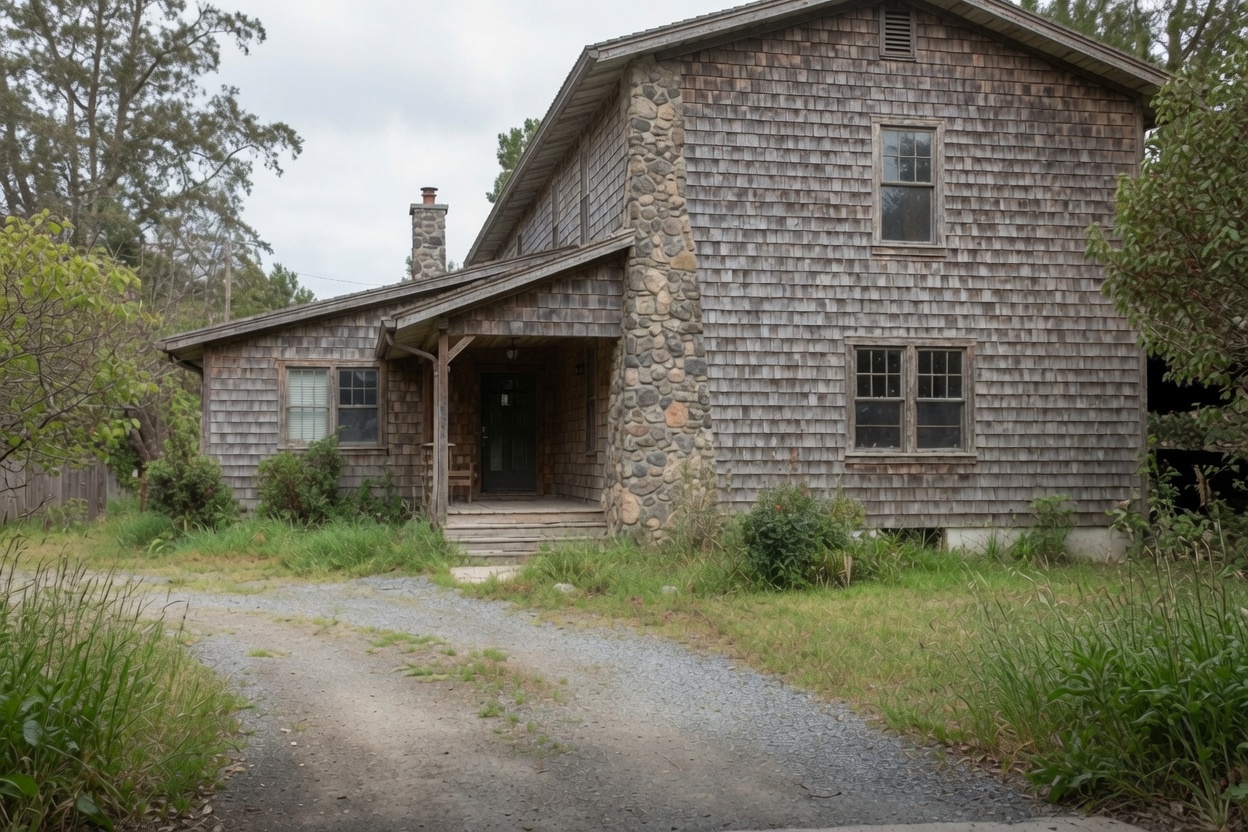 Weathered shingle rustic house with stone chimney, porch, gravel drive, and tall grass.