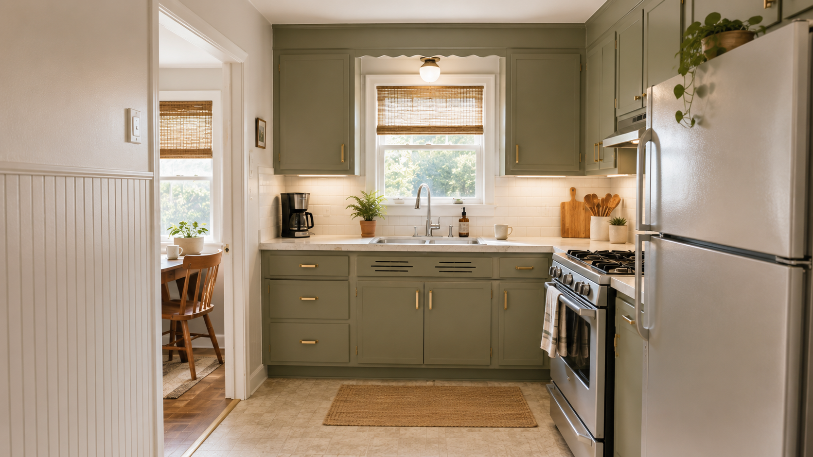 Small 1950s kitchen remodel with green cabinets, better light, and dining opening.