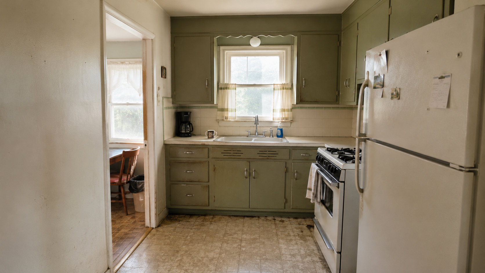 Small original 1950s kitchen with worn green cabinets, old flooring, and tight appliances.