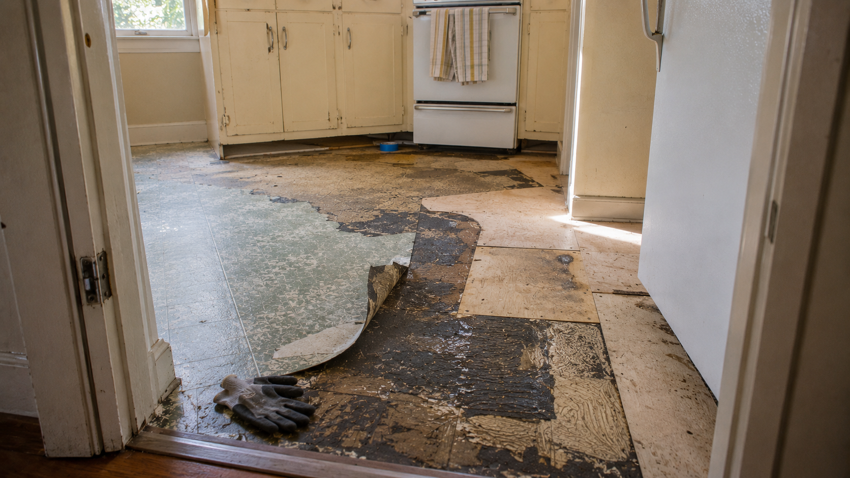 Small 1950s kitchen floor layers exposed during renovation with old adhesive and subfloor patches.