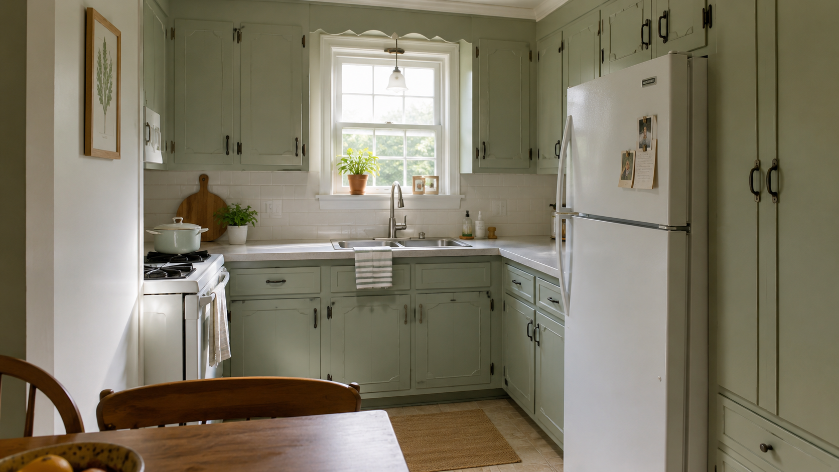 Small 1950s kitchen remodel with improved cabinets, daylight, compact appliances, and clear circulation.