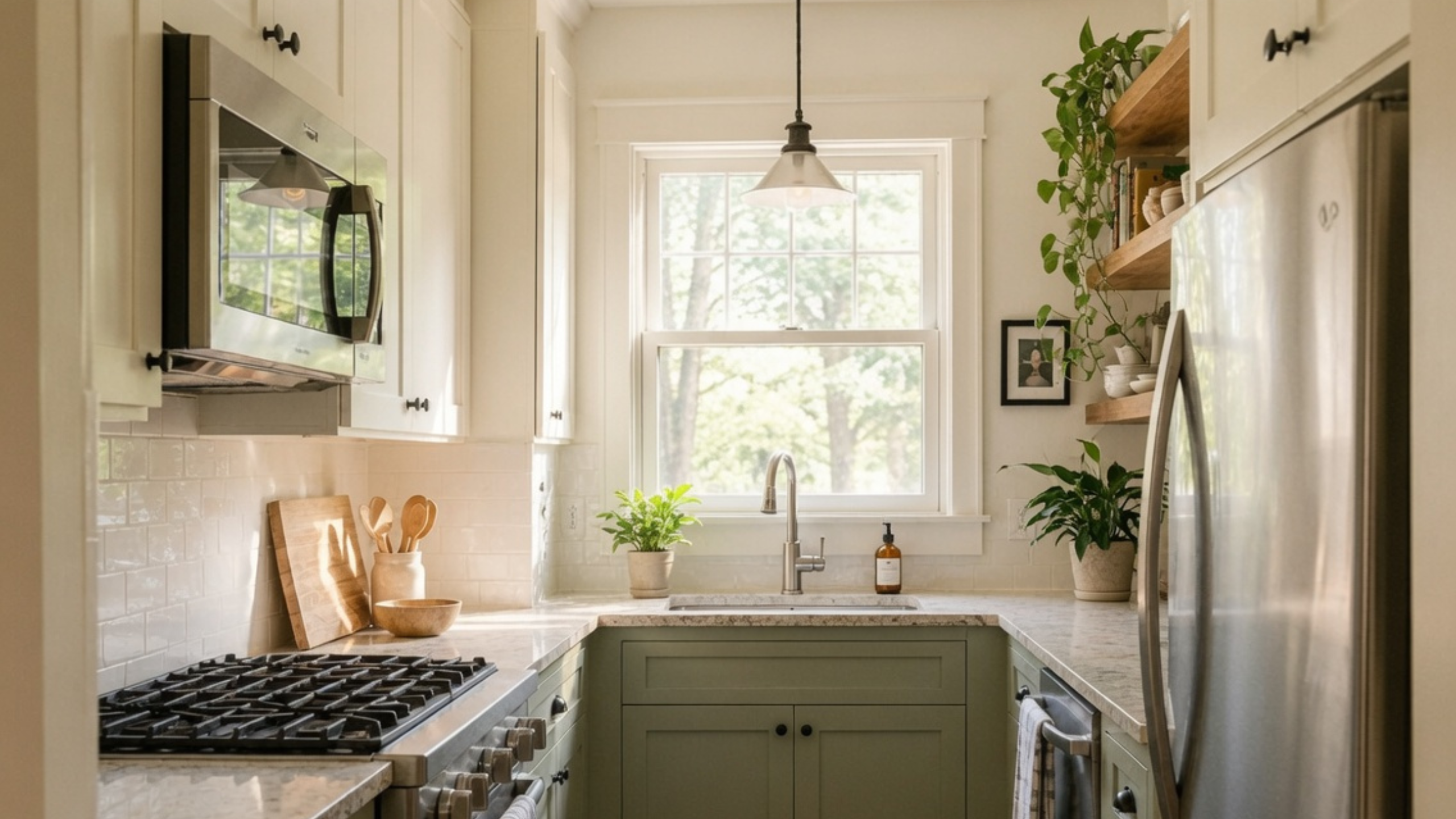 Small bungalow kitchen with green cabinets and a narrow U-shaped layout.