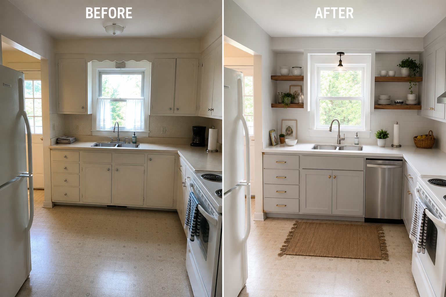 Before and after small Cape kitchen remodel showing same sink window and compact layout.