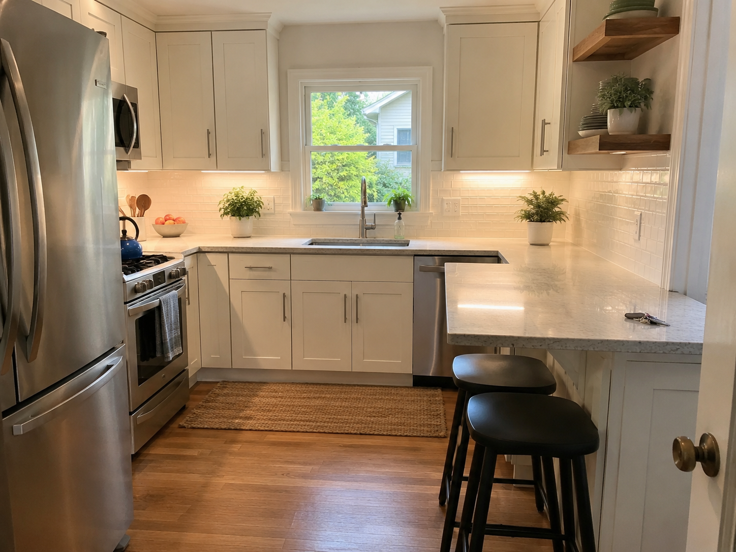 Small Cape kitchen after remodel with compact peninsula, sink window, and practical storage.