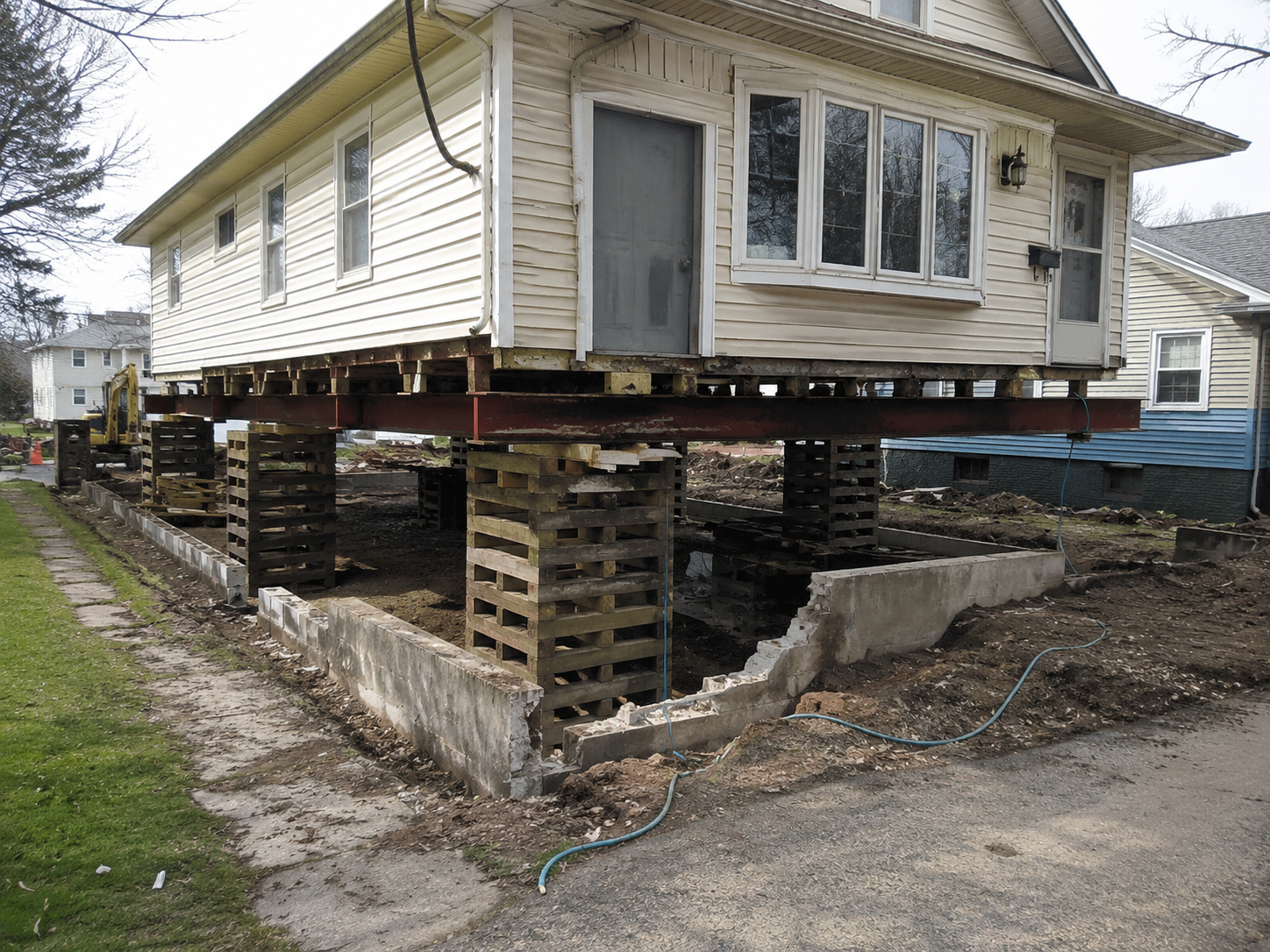 House raised on steel beams and timber cribbing during foundation work.