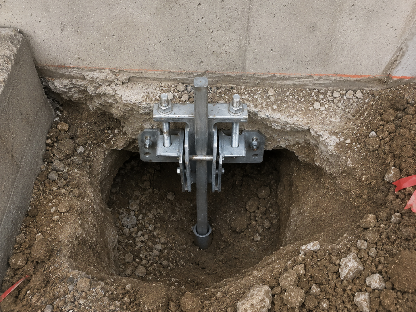 Steel underpinning pier and adjustable support bracket installed below an exposed concrete foundation footing.