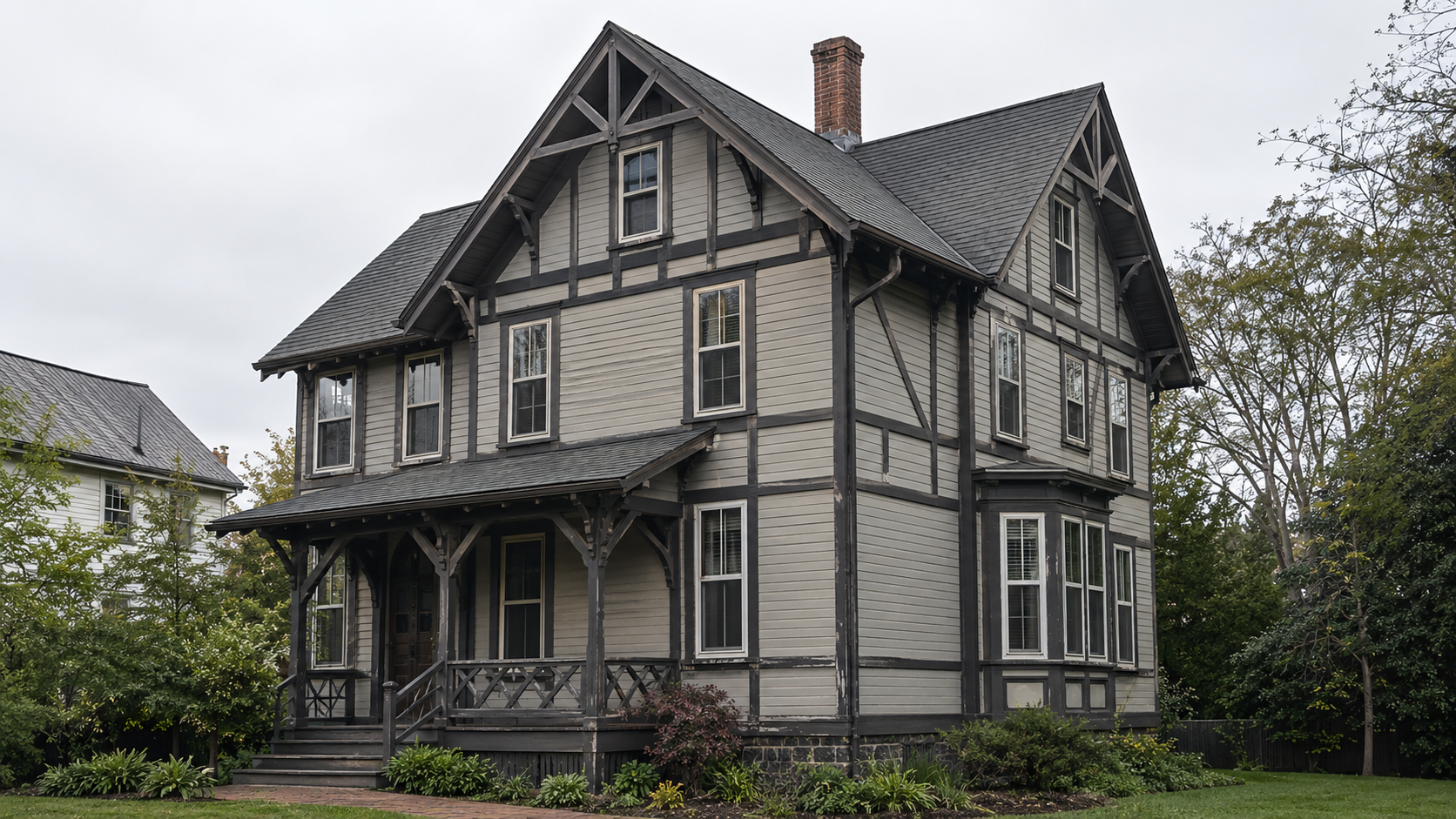 Stick Style house with steep gables, decorative trusses, clapboards, and applied boards.