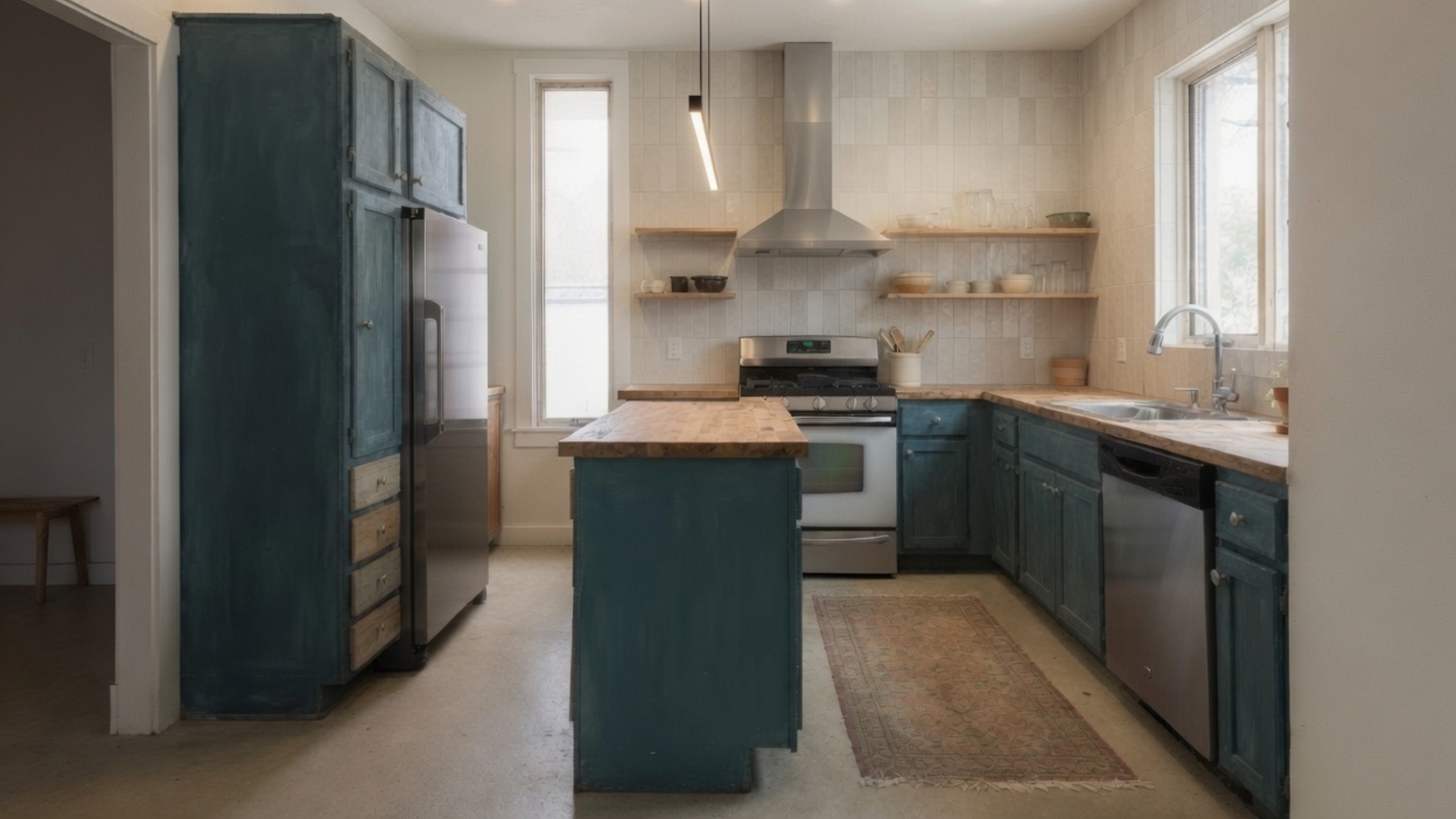 Modern kitchen with muted teal cabinets, wood counters, stainless appliances and tile backsplash.