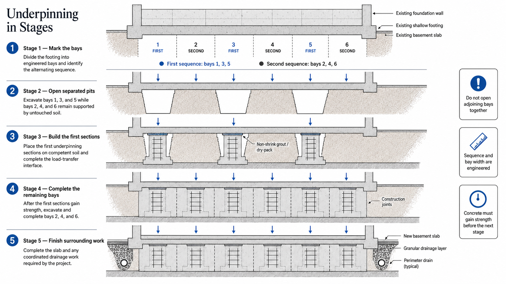 Five-stage diagram showing alternating excavation bays for foundation underpinning.
