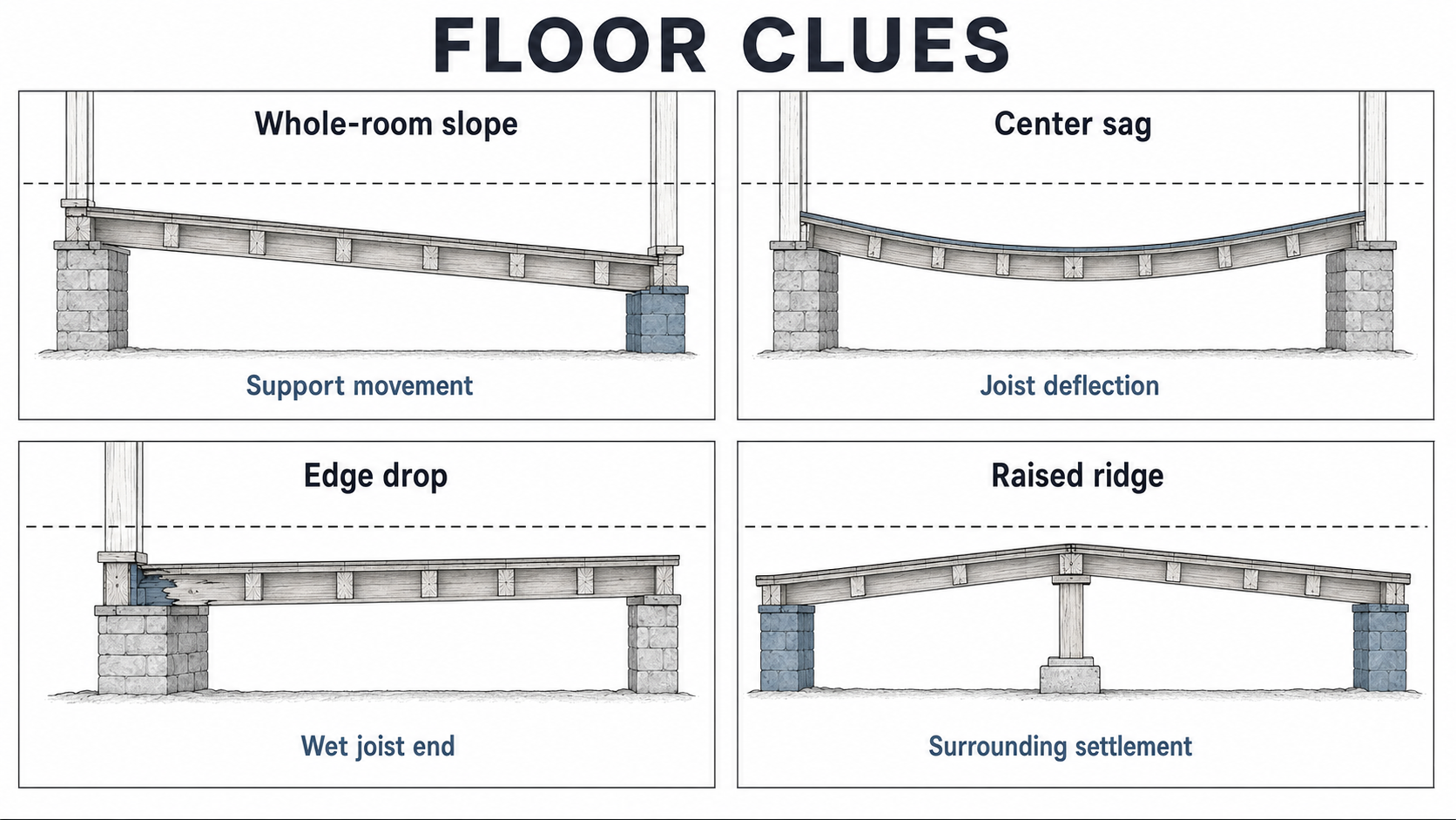 Diagram comparing whole-room slope, center sag, wet joist-end drop and a raised floor ridge.