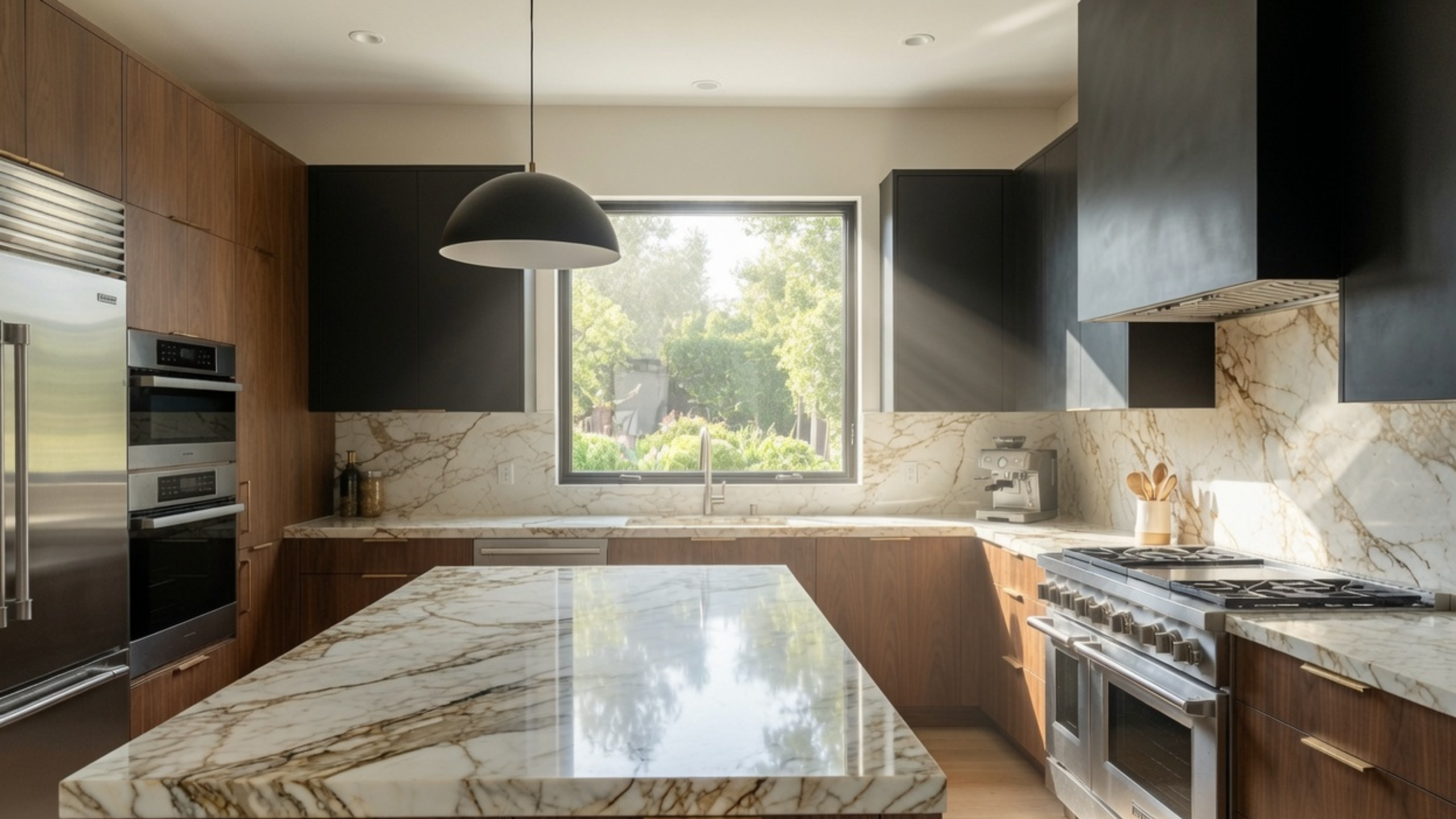 Kitchen with walnut cabinets, matte black upper cabinets, veined white stone and stainless-steel appliances.