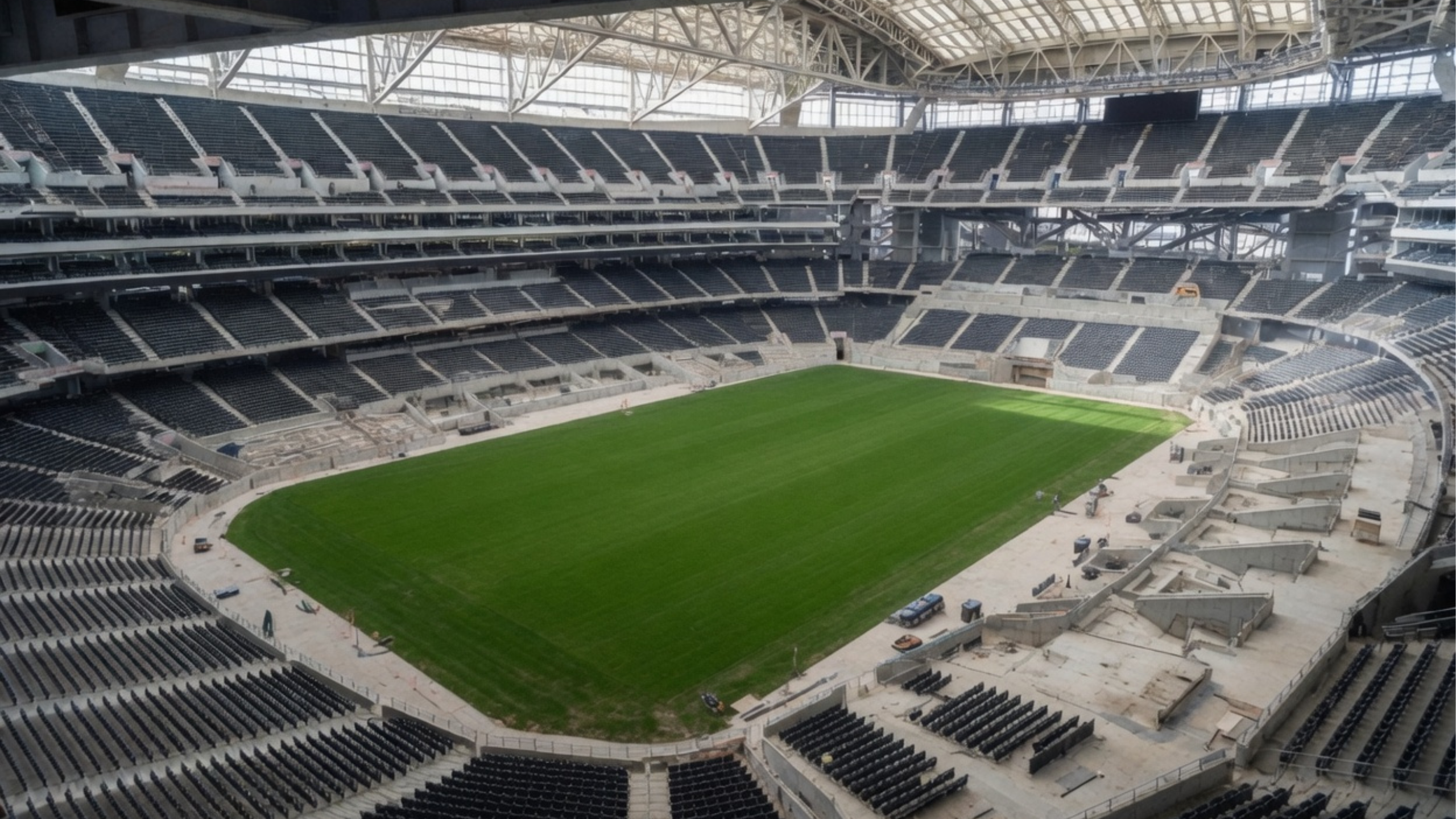 Existing stadium with a natural-grass soccer field and sections of lower seating removed.