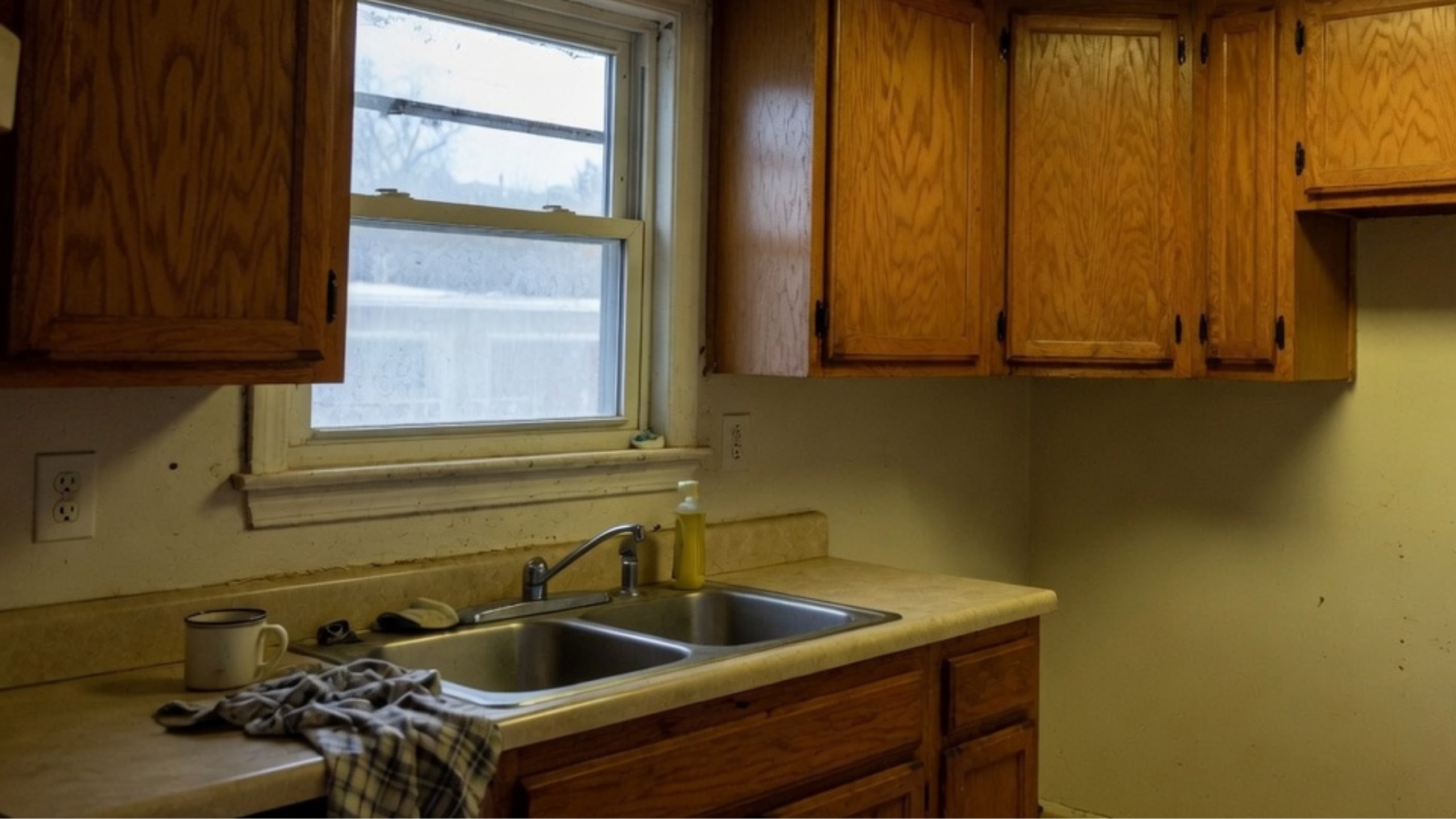 Worn empty kitchen with oak cabinets, double sink, and fluorescent ceiling light.