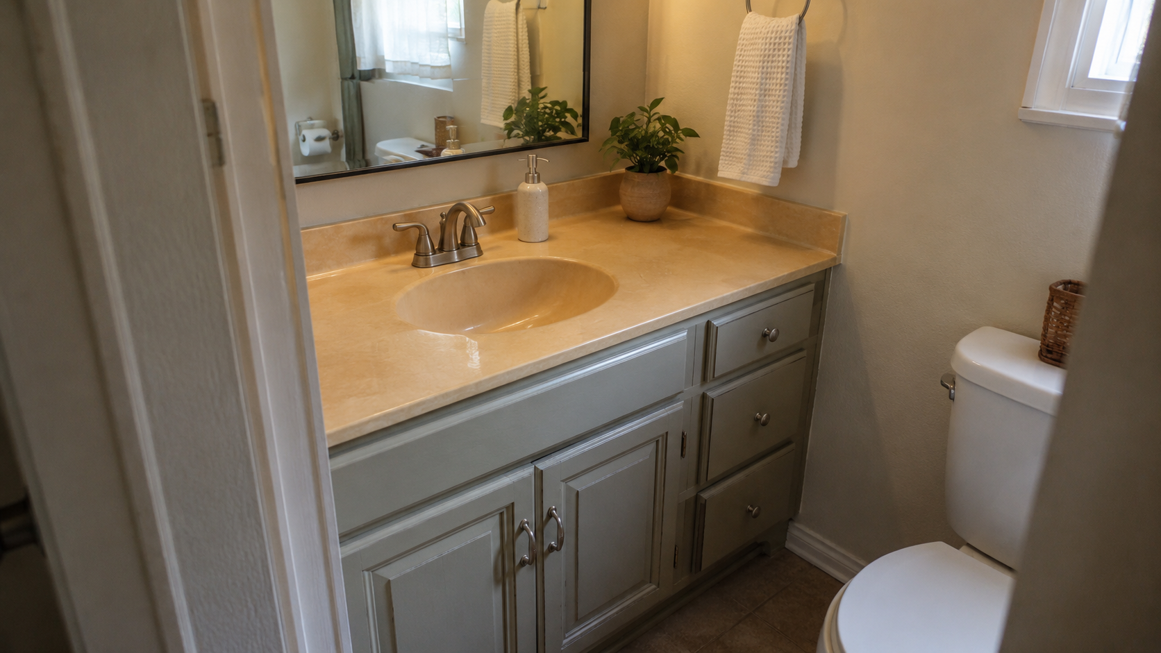 1980s bathroom vanity with yellow-beige cultured marble top and painted base.