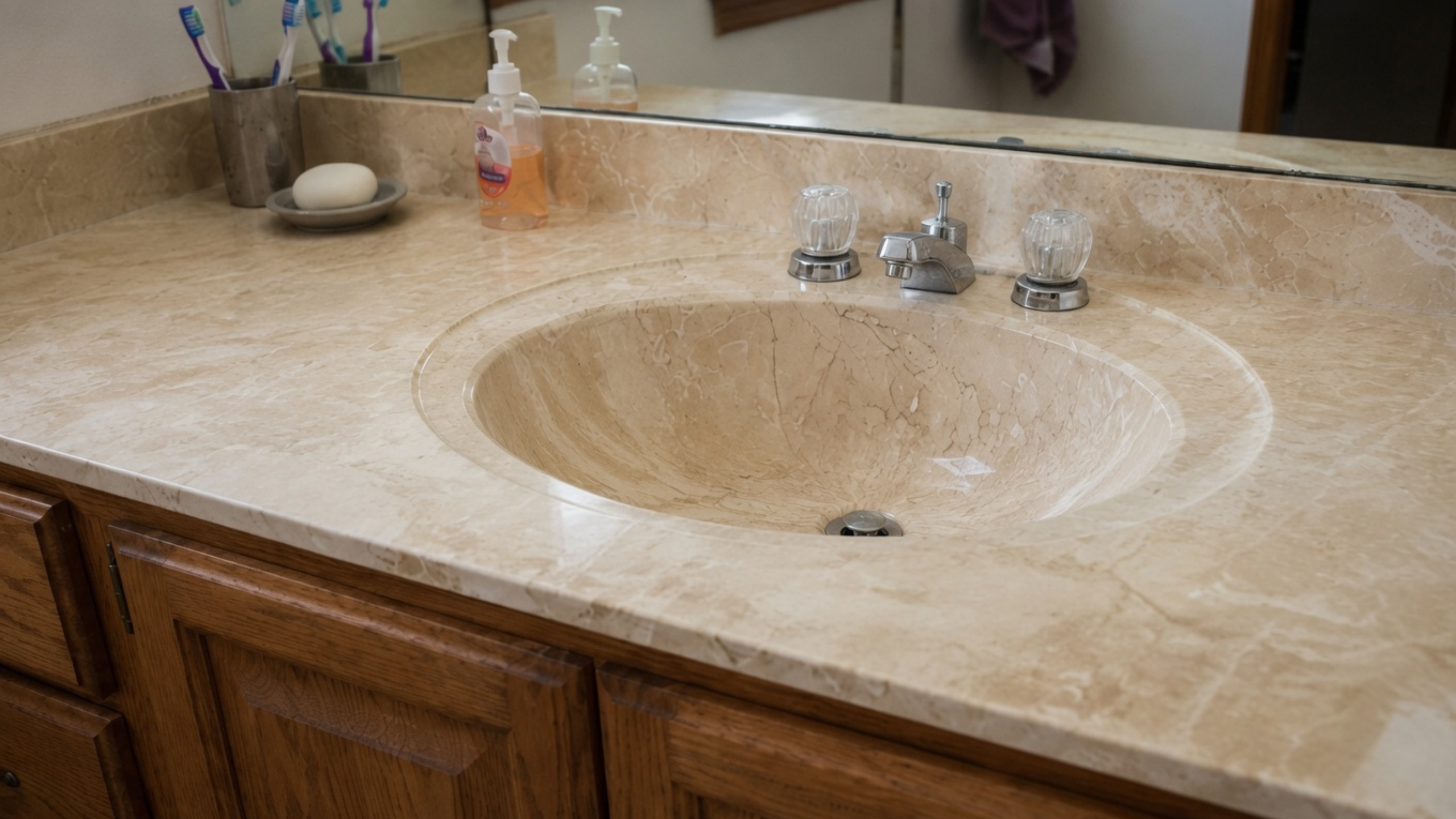 Close-up of yellow cultured marble bathroom countertop with integrated sink and dated faucet.