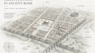 Roman city planning diagram showing roads, forum, aqueduct, city gate, amphitheater, and public baths.