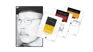 Francis D.K. Ching with a selection of his iconic books, including Architectural Graphics, Building Construction Illustrated, and Form, Space, and Order.
