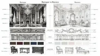 Diagram comparing Baroque and Rococo design, showing Baroque symmetry, drama, grand scale, deep tones, heavy carving, and formal furniture beside Rococo asymmetry, pastel color, light, salon scale, shell ornament, floral detail, curves, and playful furniture.