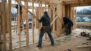 Framing workers installing diagonal temporary braces inside a partially framed wood house.