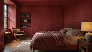 Color-drenched bedroom with deep red walls, ceiling, trim, and built-ins in a contemporary interior.
