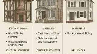 Infographic comparing construction techniques and materials in Tudor, Victorian, and Colonial architecture using cross-sectional visuals.
