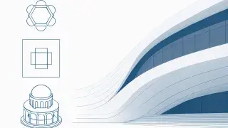 Modern architectural form with curved glass façade and centralized building plan sketches.