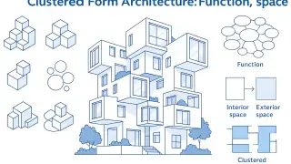 Illustrated guide showing clustered form architecture with isometric cube arrangements, spatial organization diagrams, and a central modular housing form.
