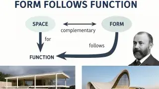 Diagram illustrating key principles of form follows function in architecture, emphasizing purpose-driven shapes, simplicity, and structural clarity.