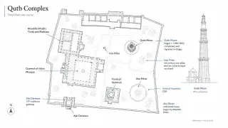 Qutb Complex site layout showing Qutb Minar, Quwwat-ul-Islam Mosque, Iron Pillar, Alai Darwaza, Alai Minar, Iltutmish’s Tomb, and Alauddin Khalji’s Tomb and Madrasa.