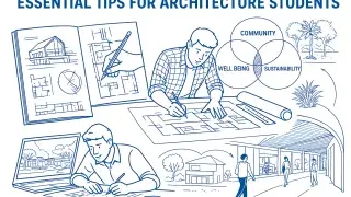 Infographic showing essential tools and study tips for architecture students.