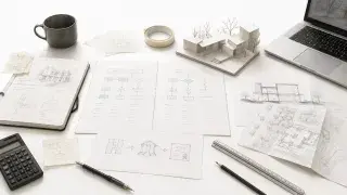 Quiet architecture study desk with drawings, degree-path papers, model, laptop, ruler, calculator, and sketch materials for a Bachelor of Arts in Architecture decision page.