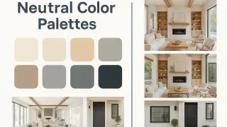 Infographic showing eight neutral swatches with interior and exterior design examples.