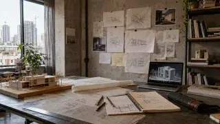 Home architecture studio with laptop, physical model, pinned drawings, sketchbook, and drafting tools for online architecture degree study.