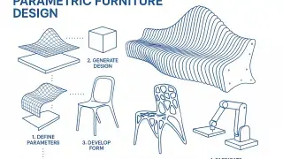 Infographic showing the 4-step parametric furniture design process, from defining parameters to fabricating curved bench and lattice chair