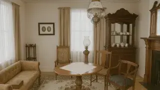 Victorian living room with symmetrical furniture and period decor.
